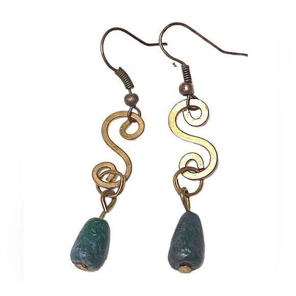 Artsy Gold Swirl Teal Dangle Earrings - Picture 1 of 2